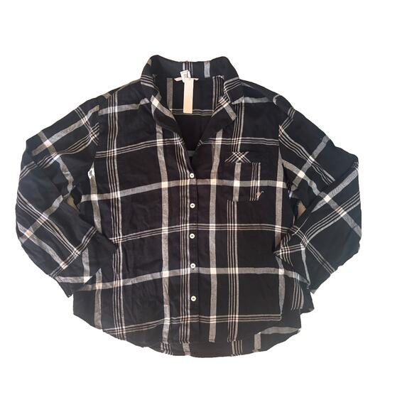 Victoria's Secret Pajamas Top Small Plaid Black & Pink Button Down Long Sleeve - Picture 1 of 13